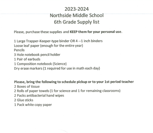 6th Grade Supply List